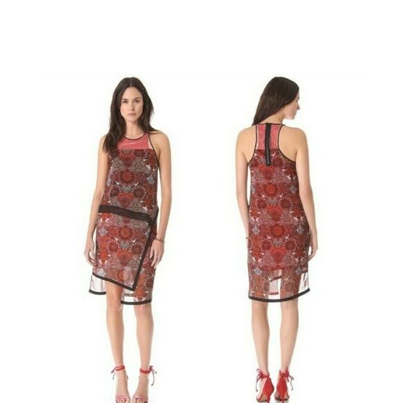 Helmut Lang Dress Womens 2 Red Sheer Patterned Midi Sleeveless SW-D00577 USA - Picture 1 of 9